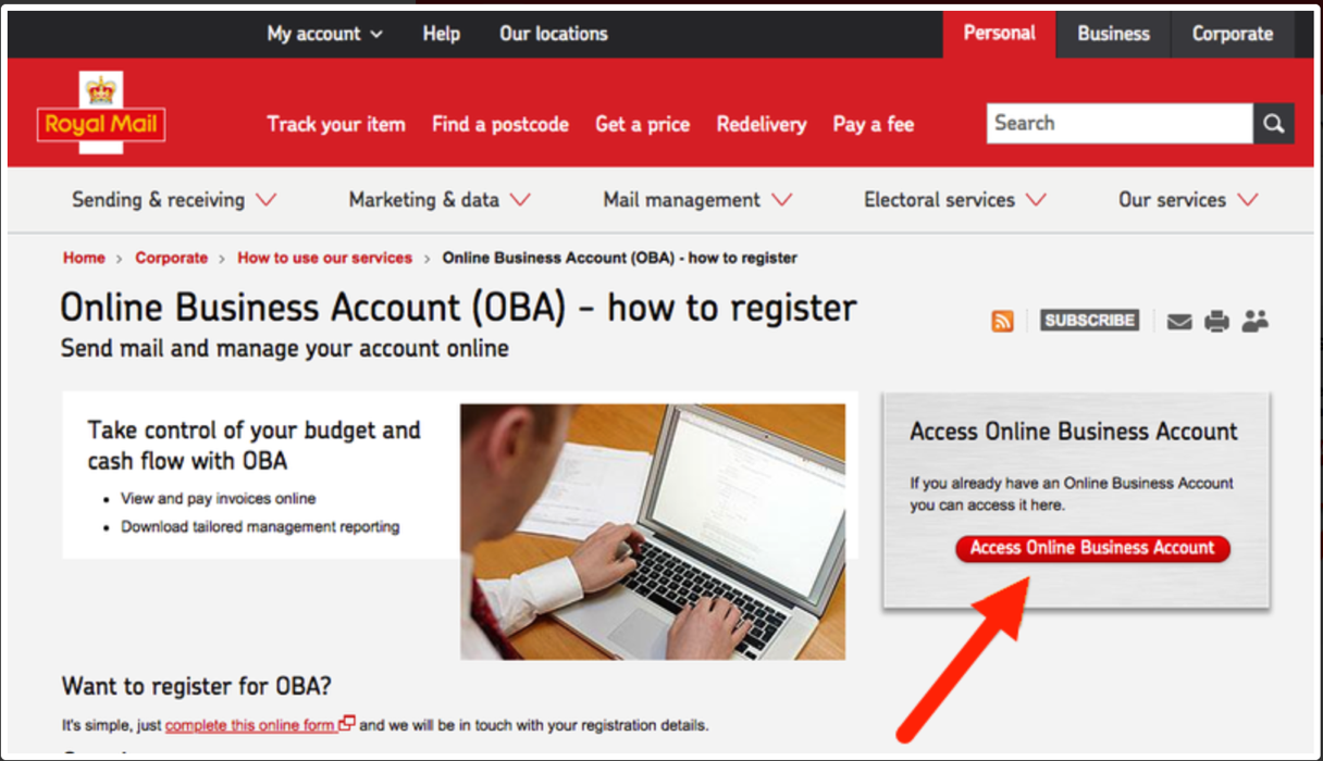 Royal Mail Online Business Account (OBA) screen. Access OBA button highlighted.