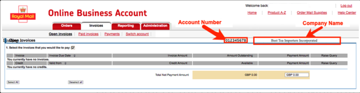 Royal Mail Online Business Account Company. Company Name and Account Number highlighted.