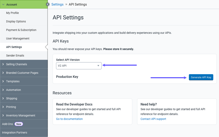 API account settings page with arrow pointing to the Generate API key button