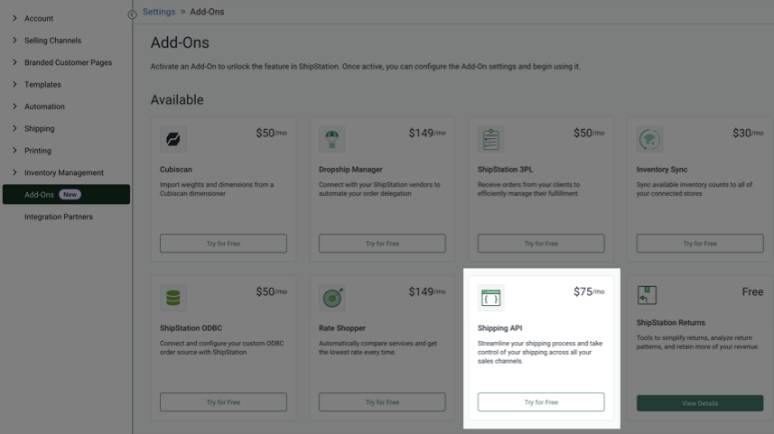 Shipping API add-on on the ShipStation Settings Add-Ons page