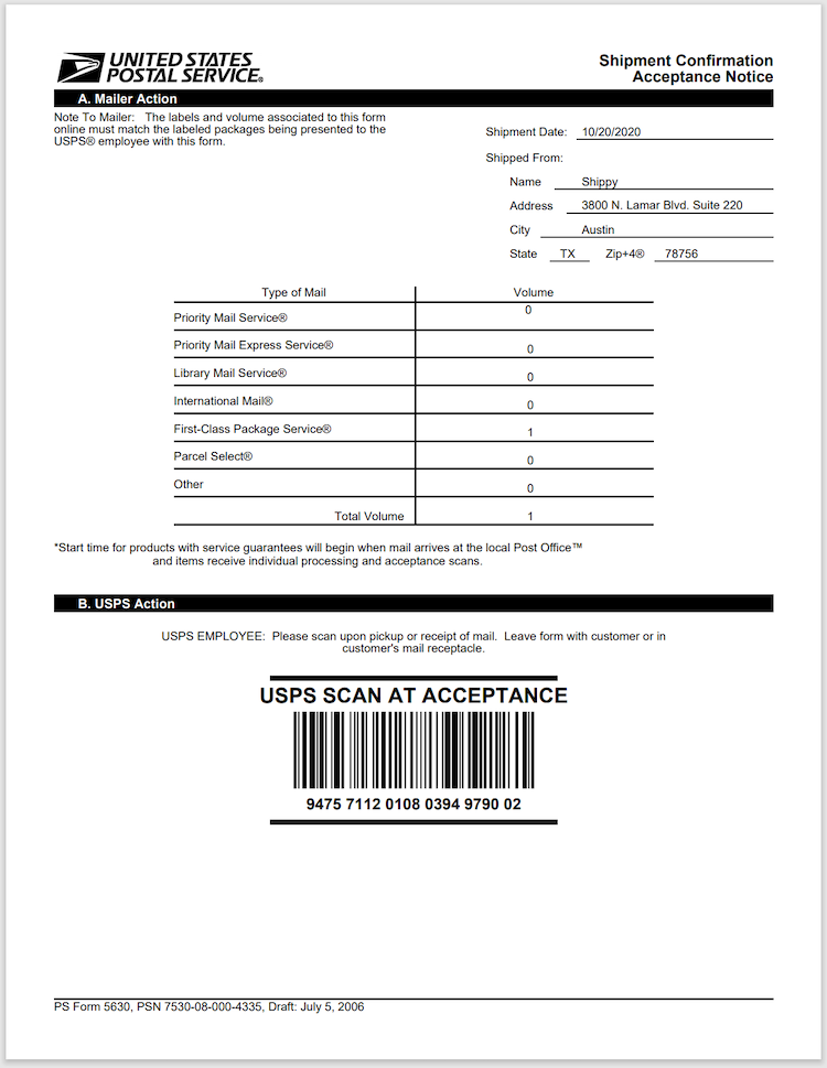 Example of USPS SCAN form that shows ship date, location, the volume per service, and acceptance barcode